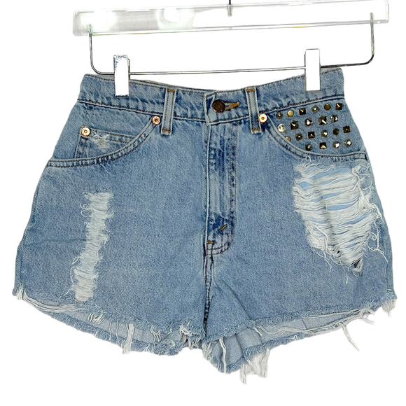 Levis 25 Vintage Denim Cut Off Jean Micro Shorts DIY Distressed Stud Detail - Picture 1 of 8